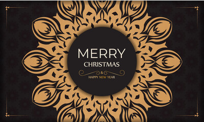 Printable design background template with with orange winter ornament. Merry christmas template banner with orange winter vintage ornaments black.