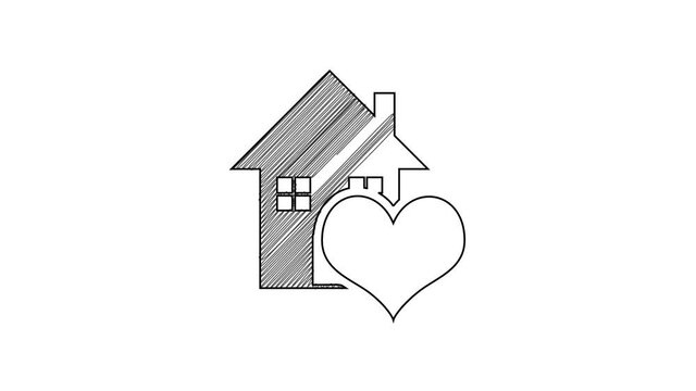 Black line House with heart shape icon isolated on white background. Love home symbol. Family, real estate and realty. 4K Video motion graphic animation