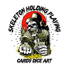 skeleton holding playing cards dice art