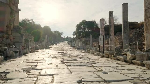 Historic Curetes street in Ephesus Ancient City at sunny day in Selcuk, Turkey