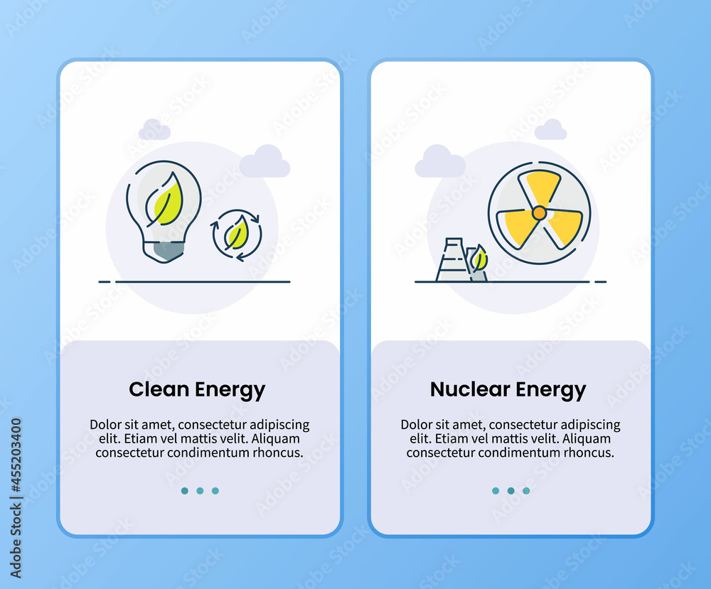 Poster clean energy and nuclear energy onboarding template for mobile ui app design modern flat style vecto