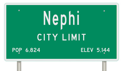 Rendering of a green Utah highway sign with city information