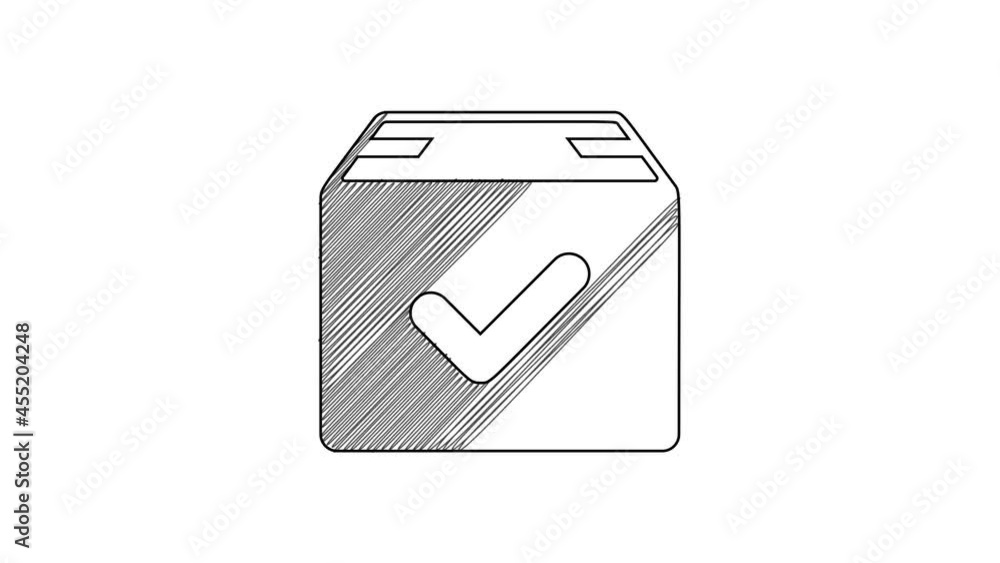 Poster black line package box with check mark icon isolated on white background. parcel box with checkmark.