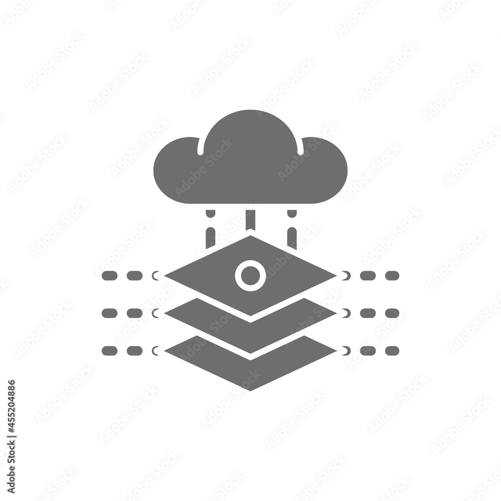 Poster cloud with artificial intelligence server, database, big data grey icon.