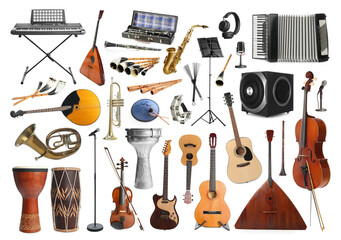 Collection of different musical instruments on white background