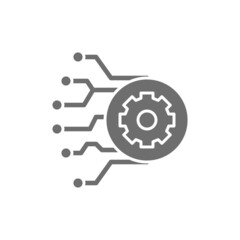 Gear with circuit board, artificial intelligence grey icon.