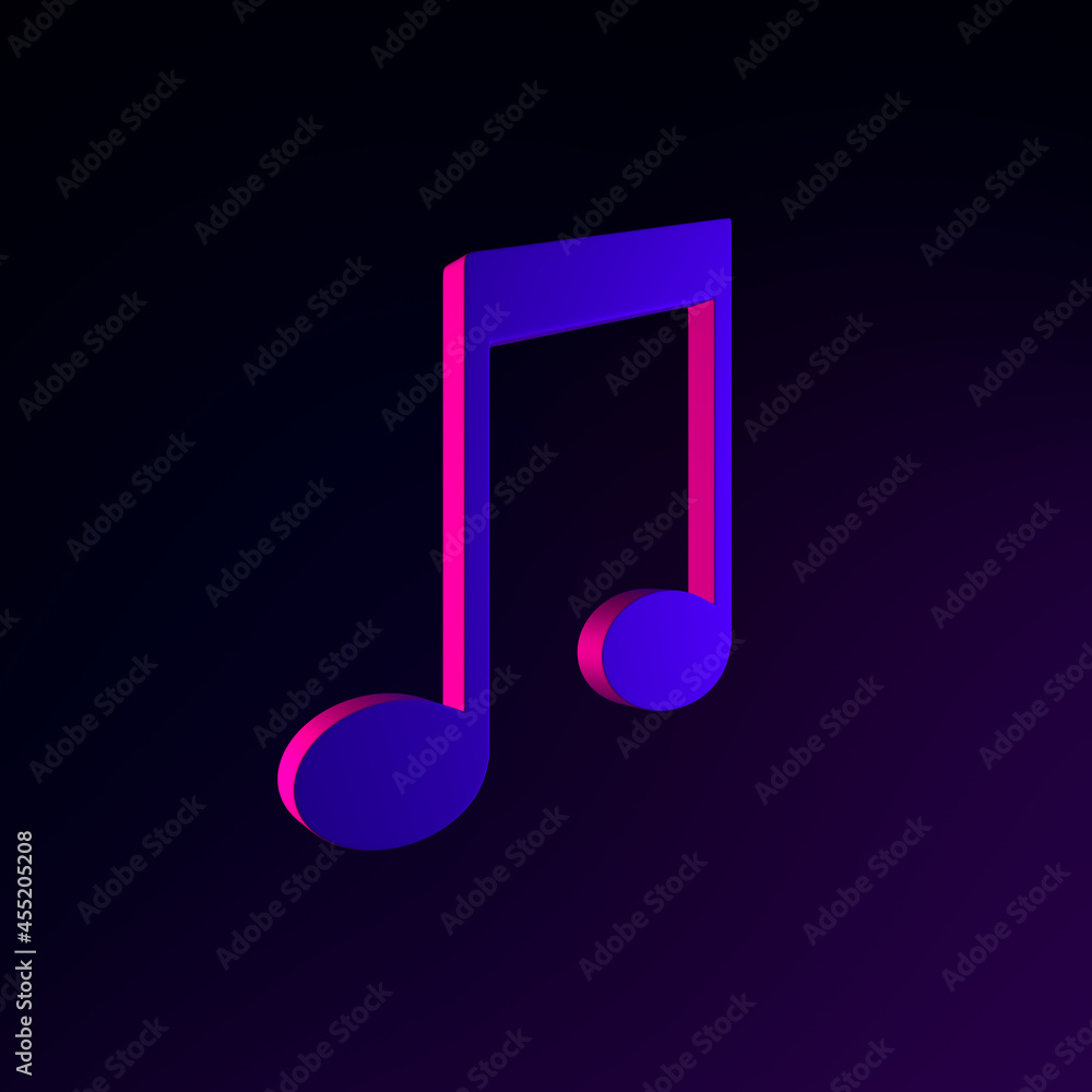 Poster neon flat musical note icon. 3d rendering ui ux interface element. dark glowing symbol.