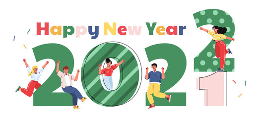 Happy New Year 2022. Joyful people wave their hands. Big numbers 2022. Congratulatory illustration.Flat design.