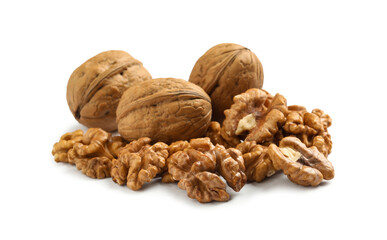Pile of ripe walnuts on white background