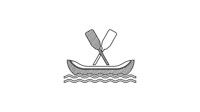 Black line Rafting boat icon isolated on white background. Kayak with paddles. Water sports, extreme sports, holiday, vacation, team building. 4K Video motion graphic animation