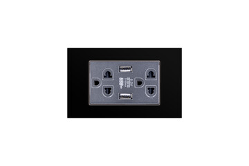 Black color wall outlet AC power plug with USB 5.0V DC output socket for charger isolated on white background.