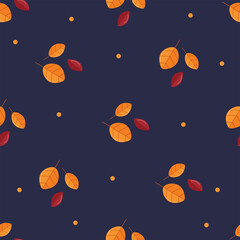 Seamless pattern with autumn leaves and acorns. Autumn pattern with leaves, acorns on a dark blue background. Autumn background for fabric, gift packaging. Vector illustration