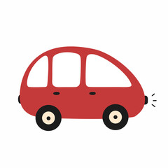 Red doodle style car on white background. Illustration of car for children book or printing on clothes. Vector cute icon.