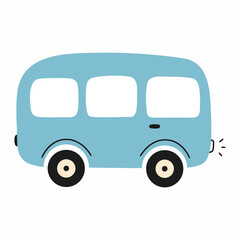 Blue car in style of doodles on white background. School bus icon. Illustration of automobile for children book or print on clothes.
