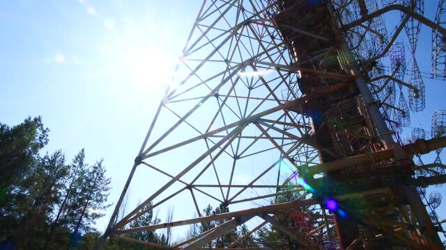 Radar Duga close-up, lens flares secret Soviet Military Equipment, Chernobyl