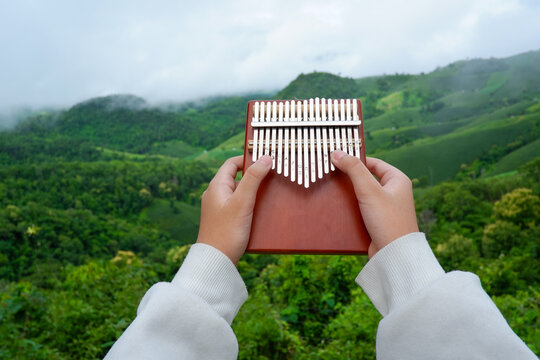 Girl's hand play a Kalimba or mbira beside the cliff during morning freshness with the green forest in the bottom.