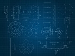 drawing of a space satellite and its parts on a blue millimeter substrate