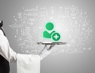 Close-up of waiter serving social media icons