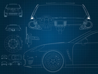 drawing of a car and its parts on a blue millimeter substrate