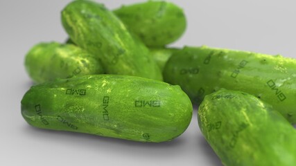 gmo food. illustration of cucumbers with gmo sign