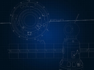 drafting silhouette of spaceship and its parts on blue graph paper