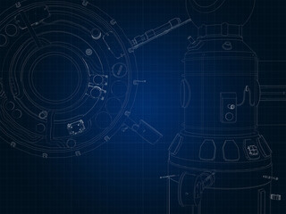 drafting silhouette of spaceship and its parts on blue graph paper
