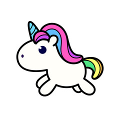 Animal character. A Unicorn in colorful hair and tail is running on white background.