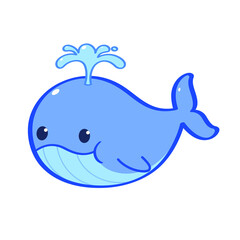 Animal character. A blue whale pumping the water on his head. Vector flat cartoon character.