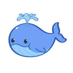 Animal character. A blue whale pumping the water on his head. Vector flat cartoon character.