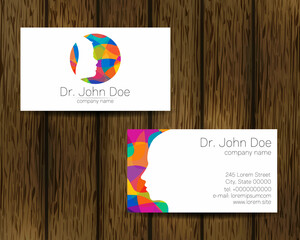 Vector Colorful Business Card Kid Head Modern logo. Design concept for Company Brand. Human Child Profile Silhouette in Rainbow color isolated on Tree background