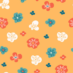A simple pattern with little motley flowers on a yellow background. Floral seamless illustration for wallpaper, wrapping paper, surface design