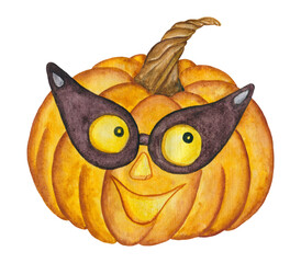 Cute kind pumpkin in vintage glasses. Halloween cartoon character personage. Isolated clipart element on white background