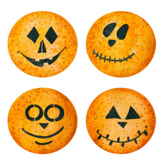 Cute orange lantern set. Watercolor hand drawn halloween illustration. Cartoon character art Isolated clipart element on white background