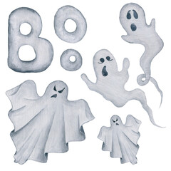 Cute ghosts. Watercolor hand drawn halloween illustration. Cartoon art. Isolated clipart element on white background