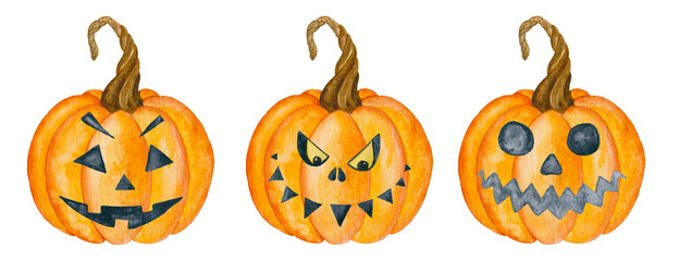 Pumpkin lantern set. Watercolor Helloween decoration. Scary faces. Isolated clipart element on white background