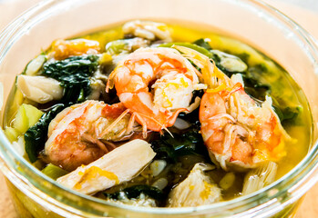 Thai spicy mixed vegetables soup or Keang Leang in bowl, Thai famous food