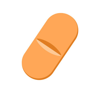 Orange caplet isolated on white background. Capsule shaped medicinal tablet. Medical therapy concept. Vector cartoon illustration.
