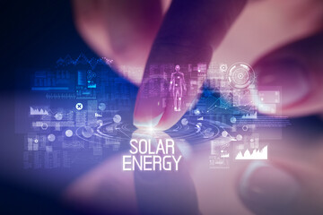 Finger touching tablet with web technology icons concept