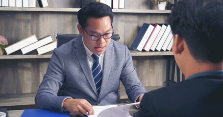 Businessman job interview by human resource HR officer interviwing, talk new employee shaking hands...