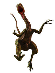 Compsognathus longipes attack, small dinosaur from the Late Jurassic period, isolated on white background, 3d paleoart rendering