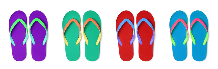 Set with different colorful flip flops on white background, top view. Banner design - obrazy, fototapety, plakaty