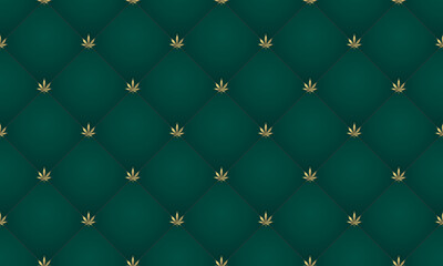 Cannabis leaf Seamless pattern. Green abstract upholstery background with golden marijuana leaf. Vintage sofa texture