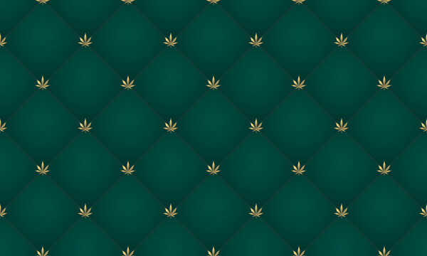 Cannabis leaf Seamless pattern. Green abstract upholstery background with golden marijuana leaf. Vintage sofa texture