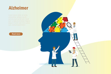 Dementia Alzheimer diseases, memory and brain loss, mental health problem for senior people concept. Medical doctor team diagnosis and solving missing jigsaw puzzle piece in human head.