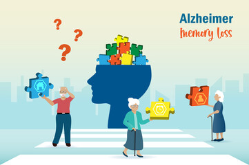 Dementia Alzheimer diseases, memory and brain loss. Elderly man and woman find missing memories in jigsaw puzzle on human head. Mental health problem and medical care for senior people concept. Vector