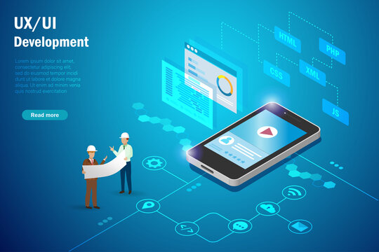 Web development , UX, UI desgin concept. Software engineers discussing on software coding and programming on application in smartphone devices with script language testing and graphical icons.