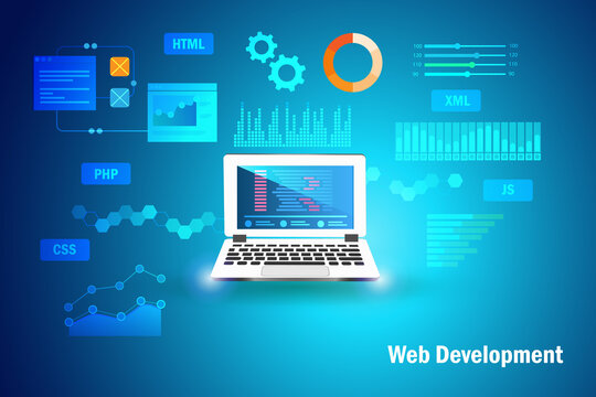 Web development concept. Software coding and programming on application in laptop computer devices with script language testing and graphical icons.