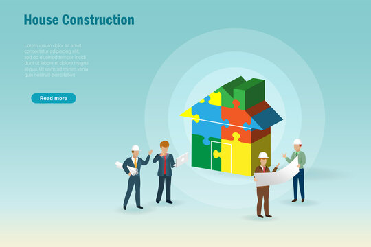 Construction engineer team discussing on building house from jigsaw puzzle. Constuction industry project. vector template, banner.