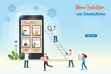 Covid-19 home isolation with medical health care. Doctor team takes care of covid-19 home isolation patient via smartphone by delivering medicine. Stay home,self quarantine and online medical service.