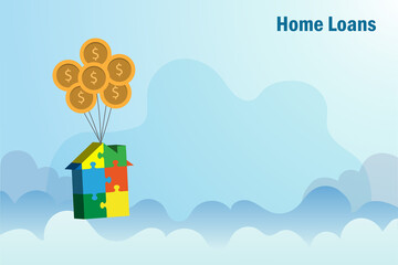 Home loans, mortgage, real estate, property investment and buying home concept. Jigsaw puzzle in house shape hanging with gold coins balloons in blue sky. Financial and banking.